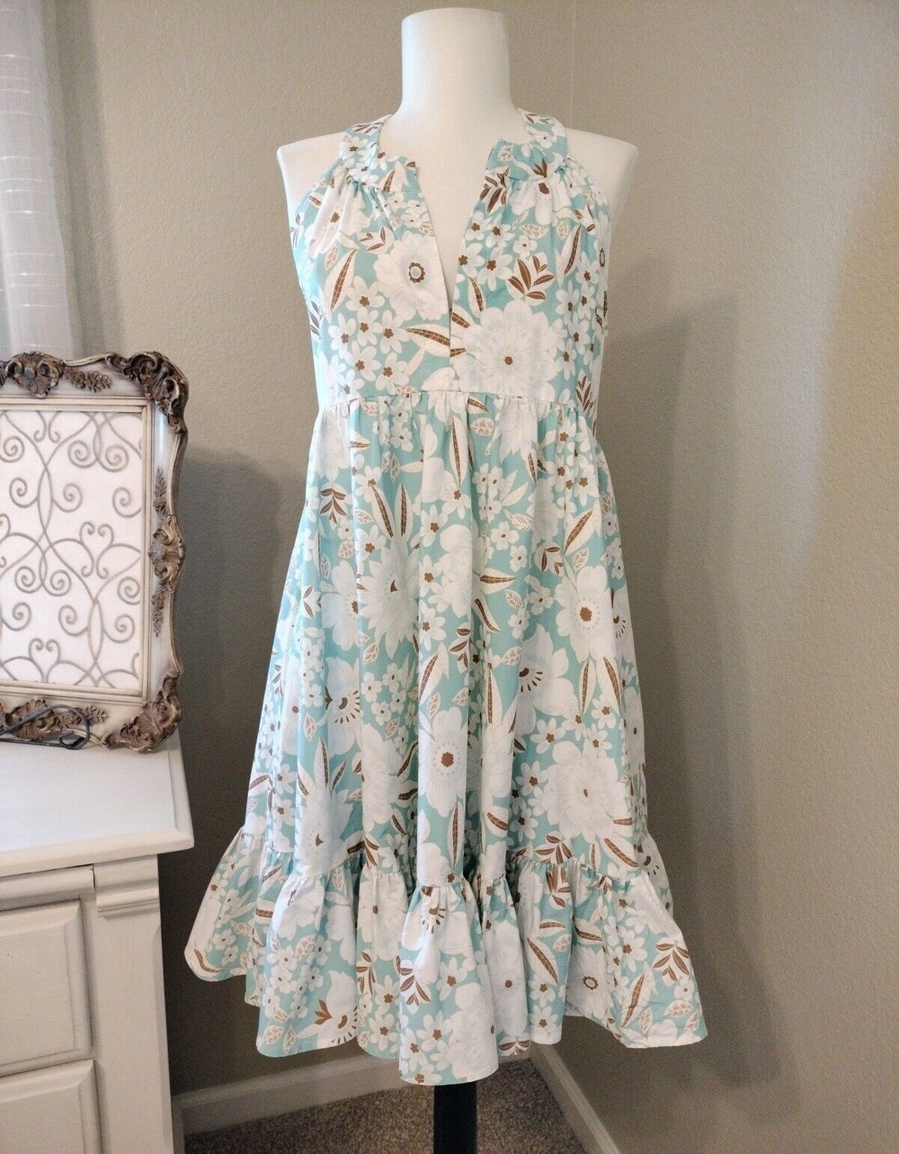 ALOHA MARINA Size Small Blue/White Floral Kona Mini Dress Cotton